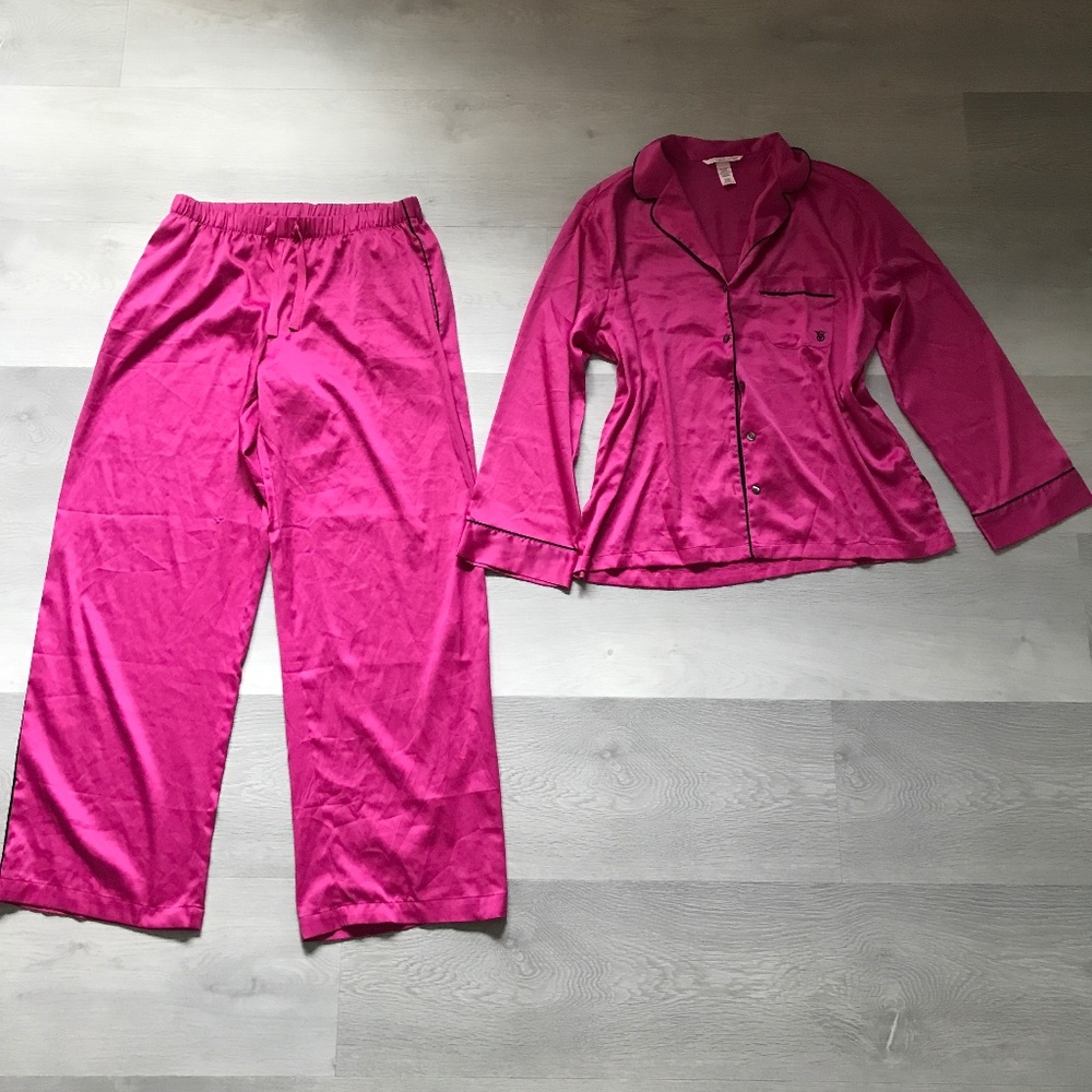 VICTORIAS SECRET PINK SATIN PJ SET LONG SLEEVE WOMENS SMALL